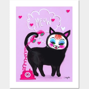 Sassy Cat Black Kitty MEOW with Hearts Posters and Art